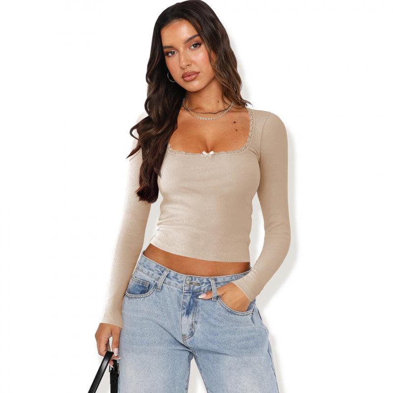 

Женский облегающий топ с длинным рукавом, U-образным вырезом и кружевной отделкой M абрикосовый