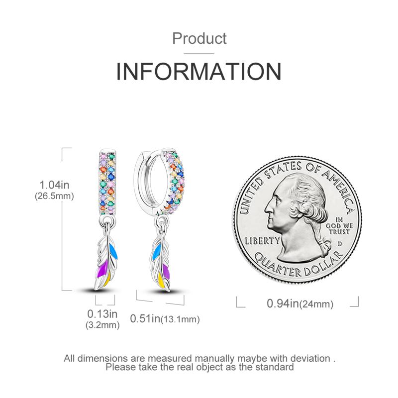 925 Sterling Silver For Women Colorful Sparkling Feather Hoop Earrings Dreamcatcher Drop Earring Fits Original Wedding Jewelry