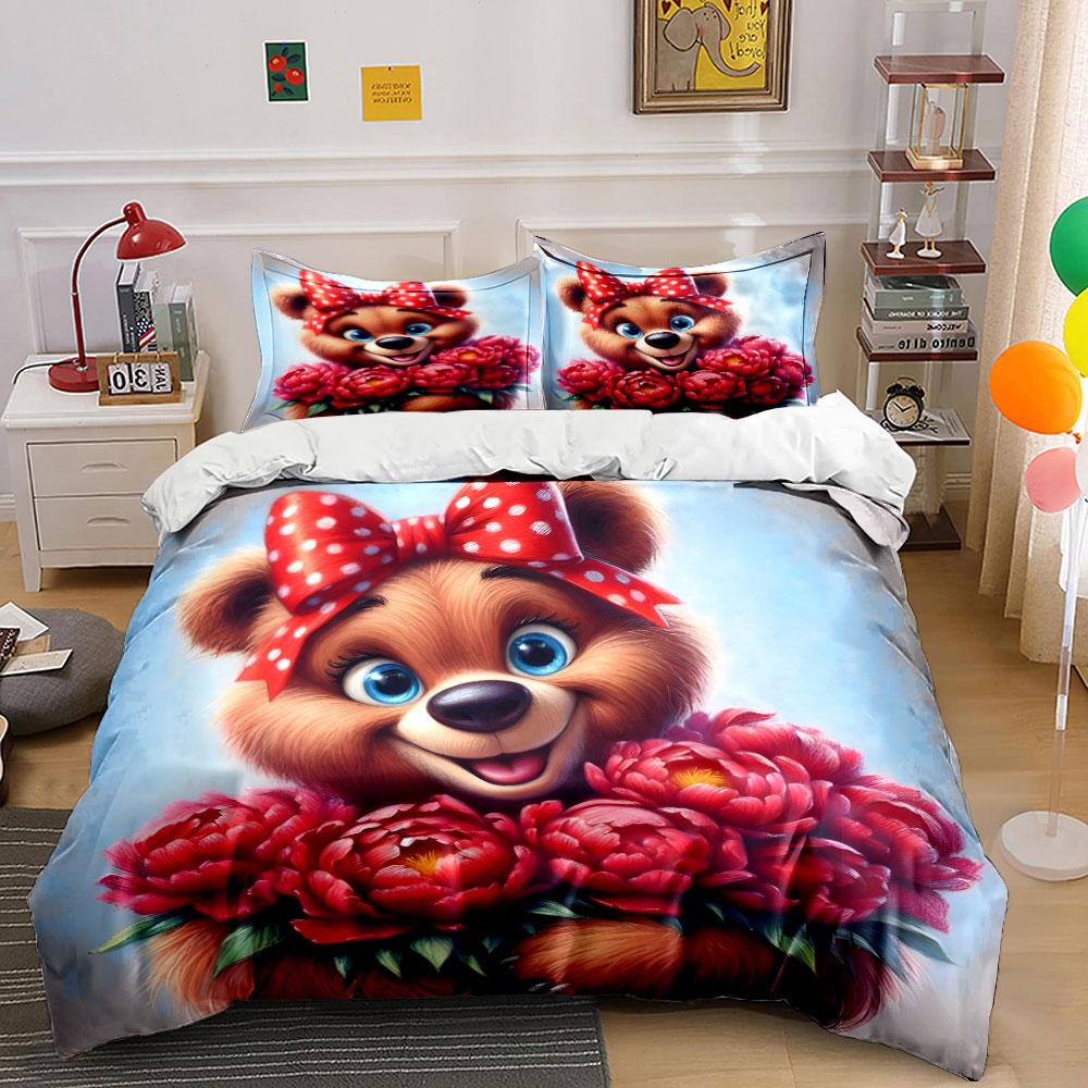 "Floral Teddy theme Gift bedding Set" Exquisite three-piece bedding set gift for kids and adults