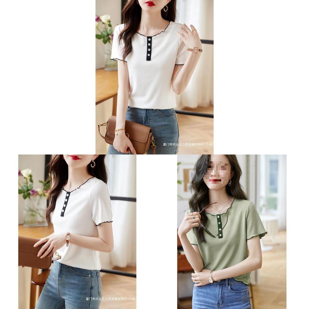 T-Shirt Sommer Lässig Baumwollmischung Mit Colorblocking-Design Für Damen