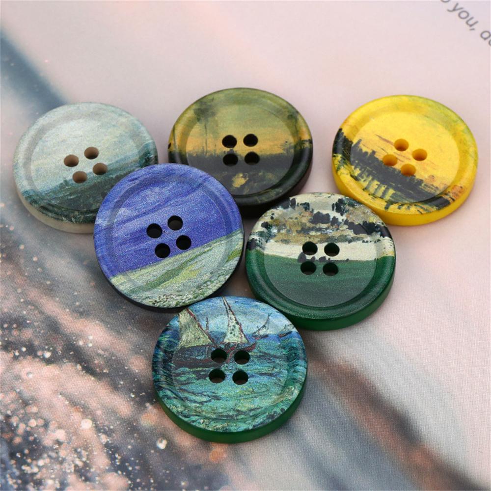 Resin Round 4 Holes Buttons Landscape Print 21Mm-34Mm Diy Handmade Sewing Accessories For Clothing Decorative Buttons Tool 5Pcs