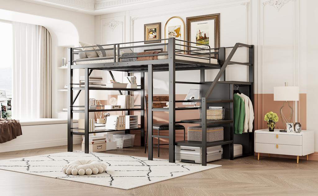 Hochbett 140*200cm, Dreistufiges Lagerregal, Schreibtisch, Kleiderschrank, Sicherheitsleiter mit Stauraum, Hohes Geländerdesign, Eisenbett, Einzelbett, Schwarz