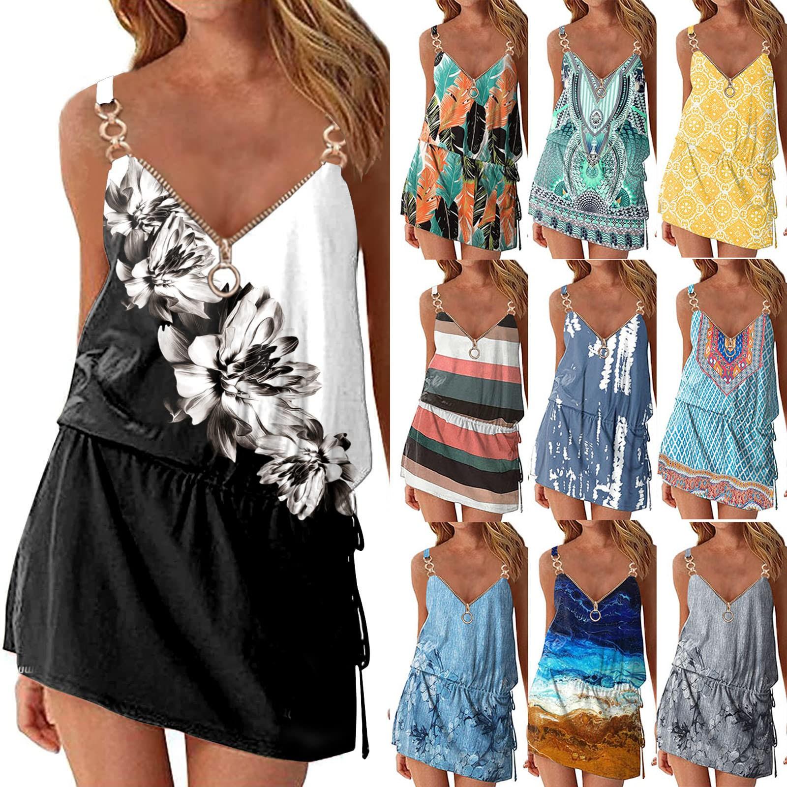 

Женское летнее платье Boho Футболка с цветочным принтом Майка с карманным мини-платьем