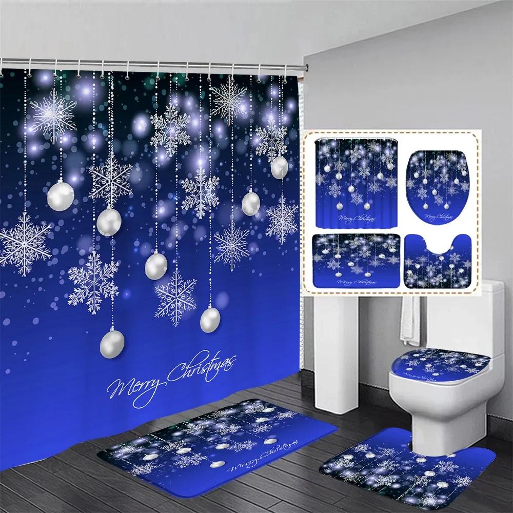 Winter Weihnachten Duschvorhang Set Niedlicher Schneemann Rote Vögel Geschenke Wald Zeder Neujahr Xmas Badezimmer Deko Duschvorleger Toilettensitzbezug