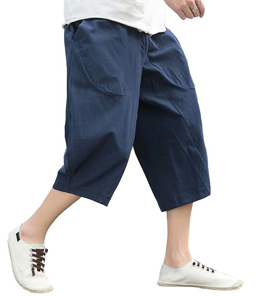 

Poperdision Sarouel Half Length Gaucho Aladdin Plus Hakama Wide Cotton Solid Adjustable Loose Summer Dark Blue Size L Men s Pants, Pants, 3/4 Pants,