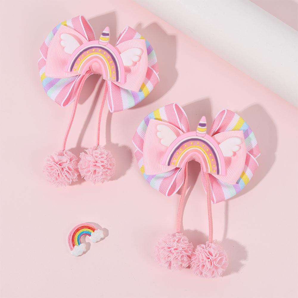 

2 шт. Заколка для волос Единорог Радуга Розовая лента Заколка для волос Сетка Пом Подвеска Заколки Детские Детские Резинки для волос Аксессуары для девочек Головной убор