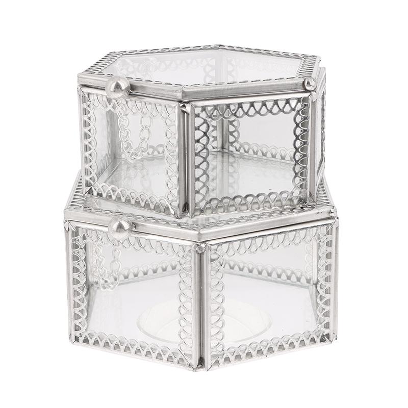 Hexagon Transparent Glass Storage Box Jewelry Ring Earring Beads Coins Display Case Keepsake Organizer Tabletop Container