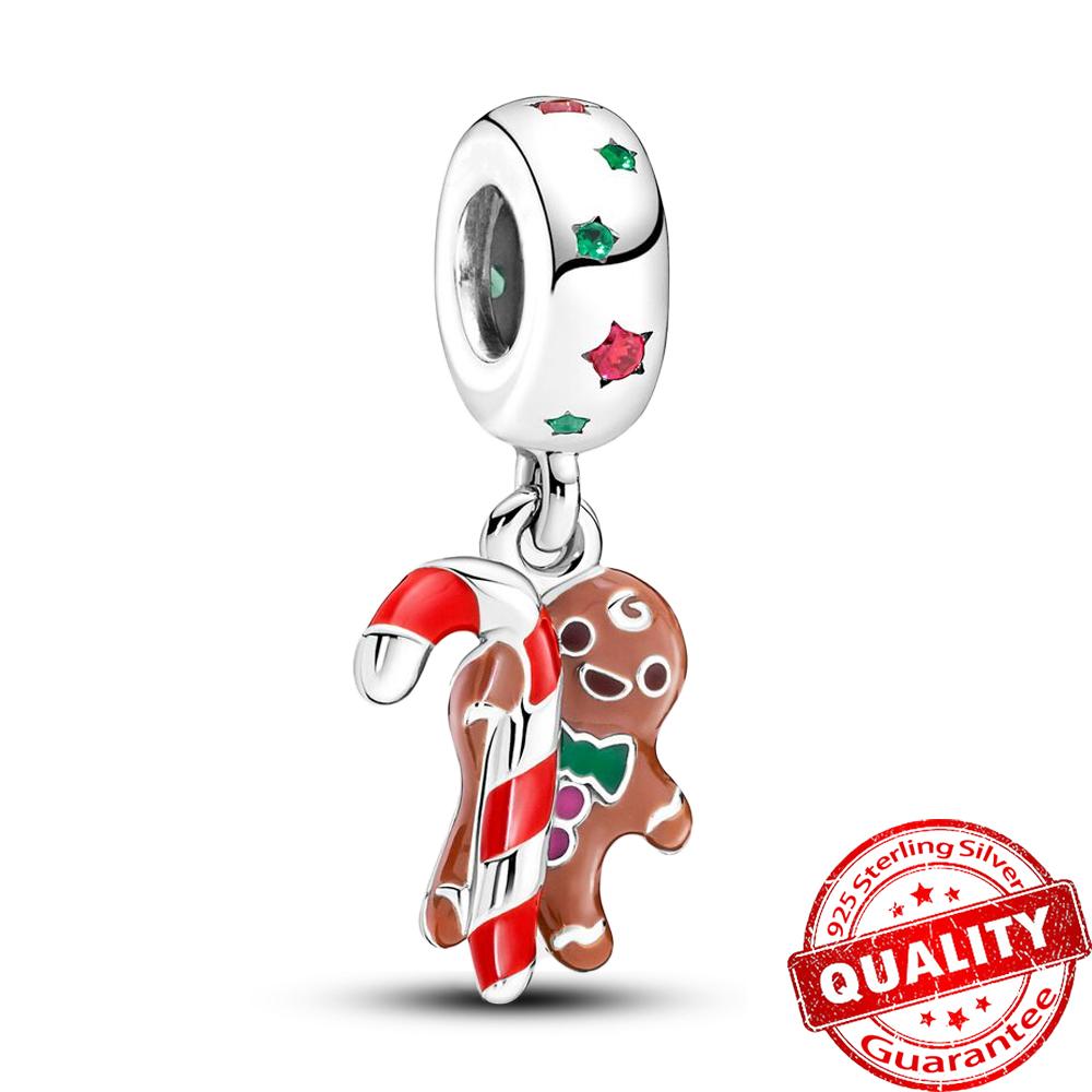 Authentic Copper Gingerbread Man & Candy Cane Christmas Dangle Charm Fit Original Bracelet Santa Claus Xmas Gift