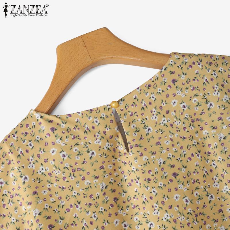 ZANZEA Women Casual Round Neck Floral Print Cape Shape Short Sleeve Blouse