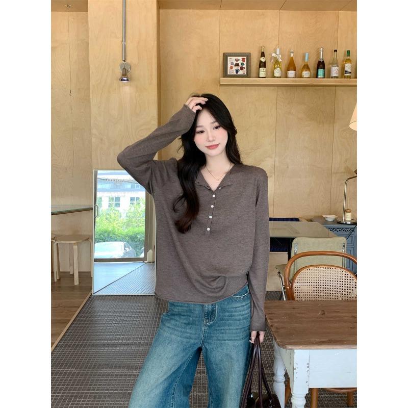 Autumn new loose semi-open neck button wool knitted sweater women's soft waxy temperament bottoming long-sleeved sweater