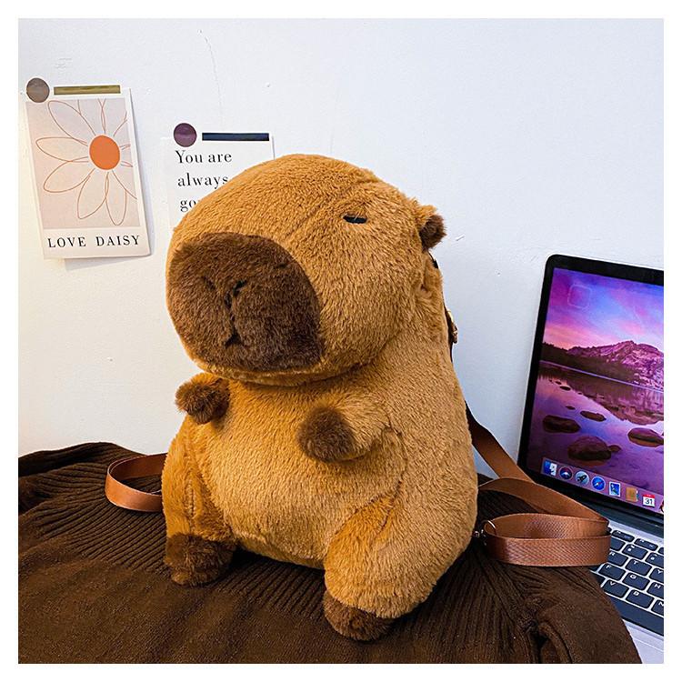 Cute Cartoon Capybara Plush Backpack For Women College Students Brown Silky Soft Urban Minimalist Style