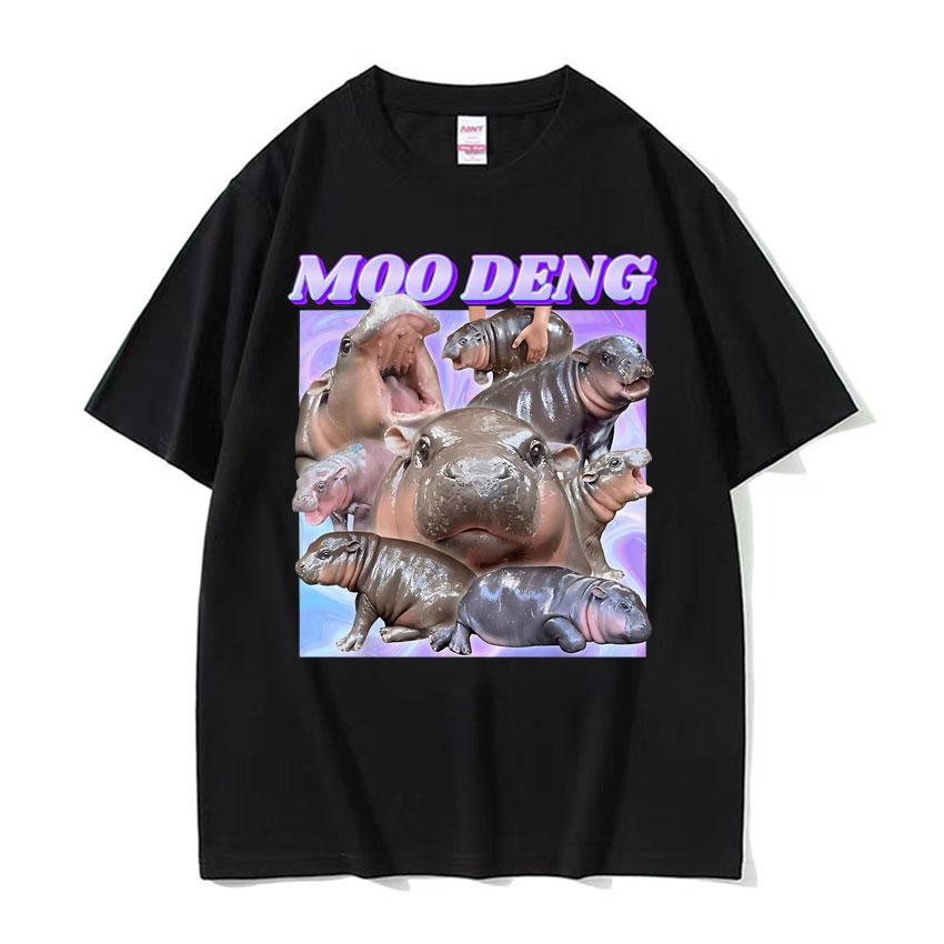 Cute Baby Hippo Moo Deng Kawaii Funny T Shirts for Unisex Women Summer Casual Oversized Tshirt Vintage Fashion Pure Cotton T Shirt
