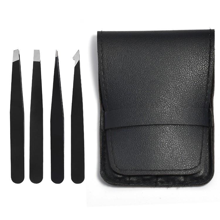 Black Stainless Steel Slanted Tip Eyebrow Tweezers with Packaging, Precision Beauty Brow Grooming Tool Set