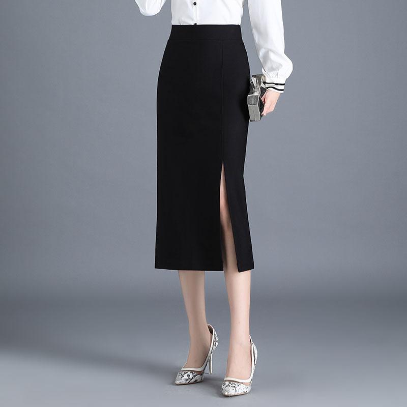 

Весна и осень Длинная юбка с высокой талией, эластичная юбка с мешковиной на бедрах, облегающая юбка, профессиональная юбка с разрезом спереди, однопроходная юбка для женщин XXL чёрный