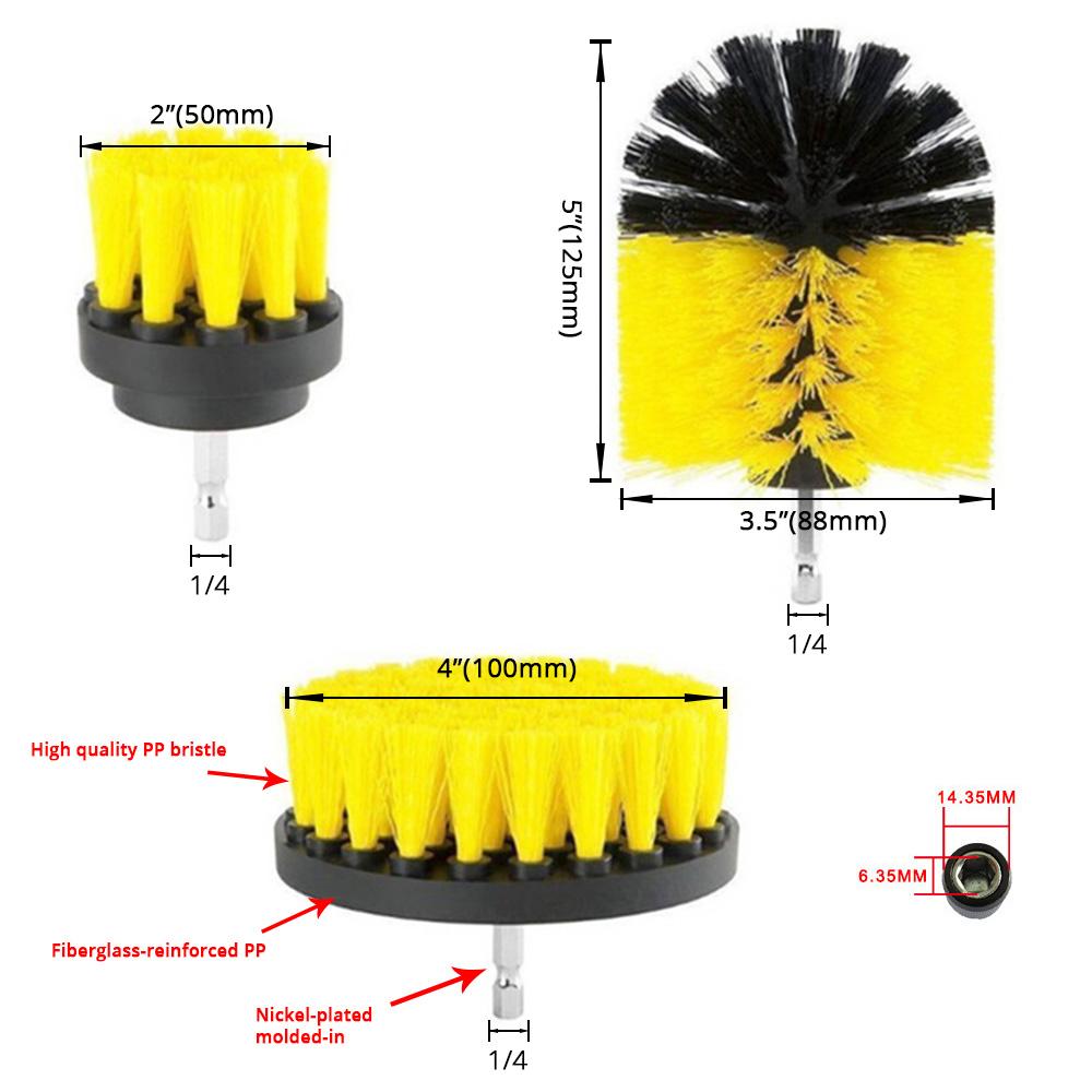 Elektrische Wäscher Pinsel Bohrer Pinsel Kit 3 Teile/satz Kunststoff Runde Reinigung Pinsel Für Teppich Glas Auto Reifen Nylon Pinsel 2/3,5/4''