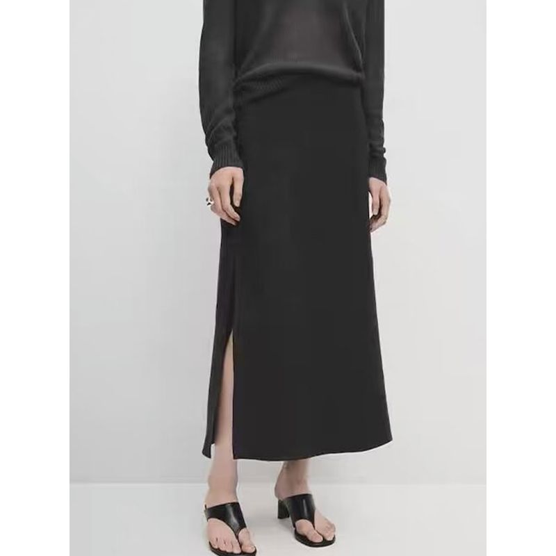 

MD Women clothes New French style Minimalist Elegant Lightweight Pure Linen Split A- line Skirt Skirt 05216100594 Black L