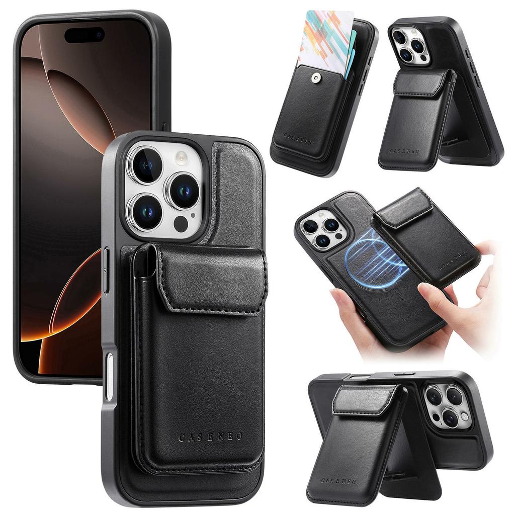 CASENEO For iPhone 16 Pro Magnetic Case PU Leather PC Phone Cover with Detachable Card Holder Kickstand Compatible with MagSafe
