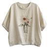 Summer  Retro Cotton Linen Tops Women Cotton Large Size T-shirt Polo Neck Loose Printed Casual Pullover T-shirt Top