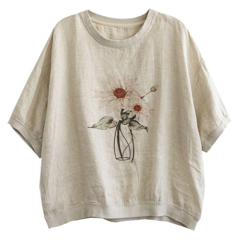 Summer  Retro Cotton Linen Tops Women Cotton Large Size T-shirt Polo Neck Loose Printed Casual Pullover T-shirt Top