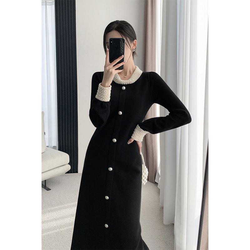 

Элегантное черное трикотажное платье в стиле французской Хепберн для женщин - Идеально для весны и осени. L чёрный