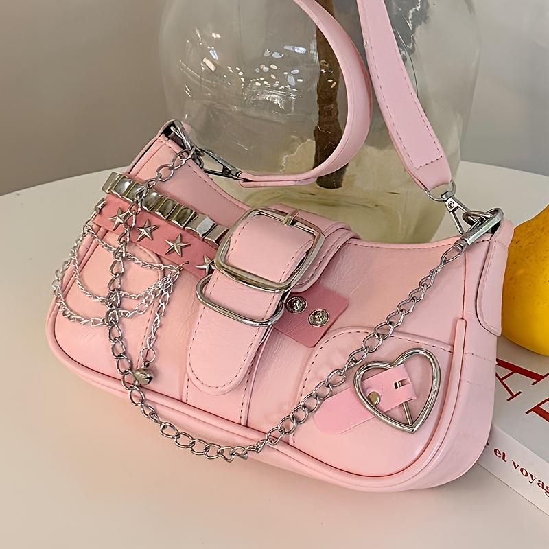 A Stylish Y2K Pink Crossbody Bag with a Chain Pendant - a Sweet and Cool Style Crossbody Bag, Perfect for Both School and Everyday Commuting.