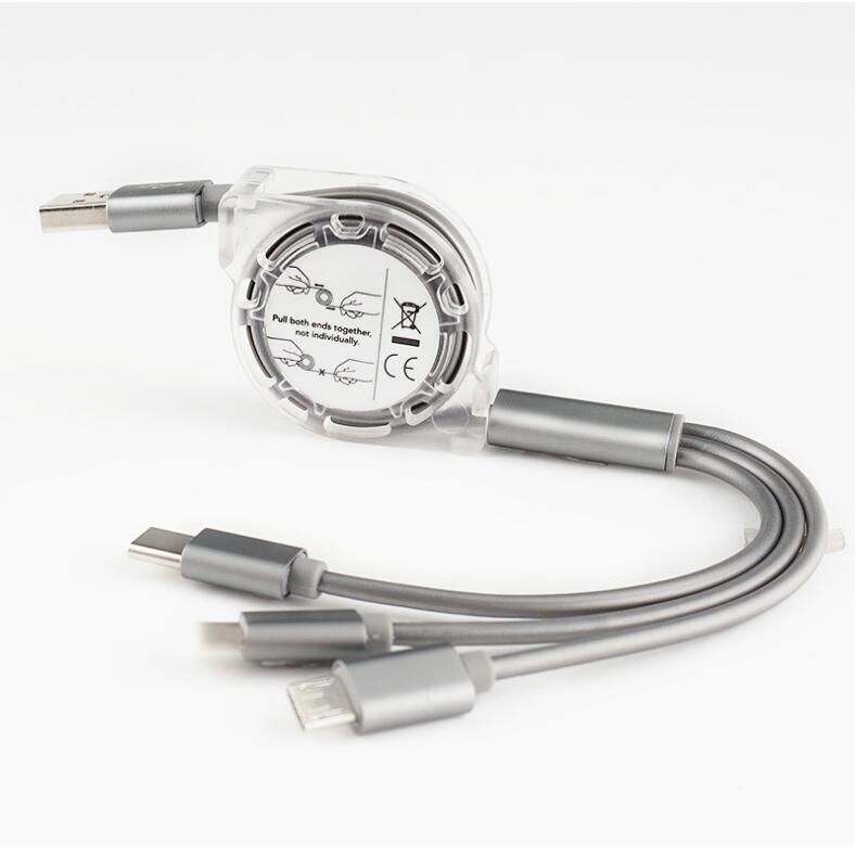 Fast Charge 3-in-1 Stretchable Data Cable for Apple & Android with Fixed Logo