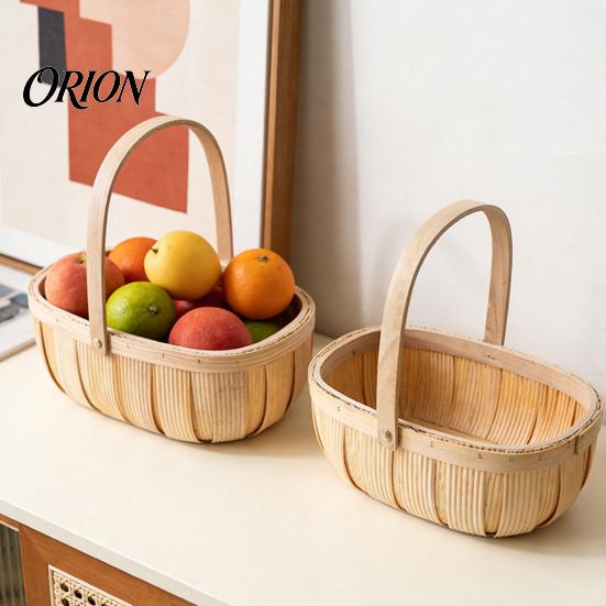Reinforced Handle Organizer Handmade Woven Wood Storage Basket, Oval with Handle, Hand Utility Basket Large Capacity Bin for Kitchen And Home