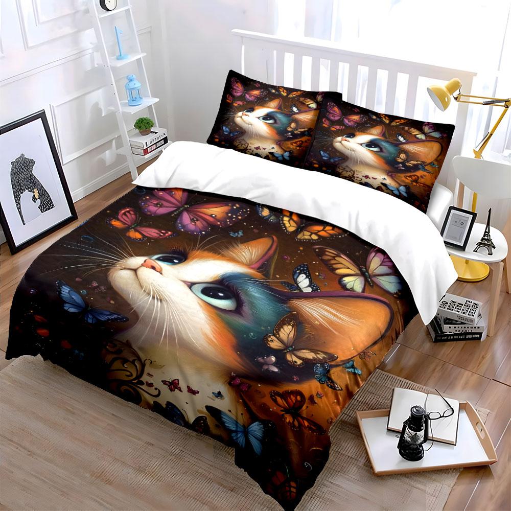 Colorful Cat and Butterflies Print Bedding Duvet Cover Set Duvet Cover Pillowcases (1 * Duvet Cover 2 * Pillowcases, without duvet insert)