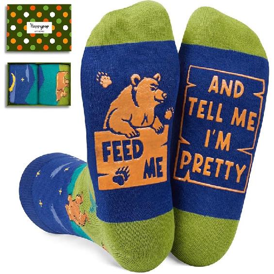 HAPPYPOP Funny Socks for Men Women - Cat Dinosaur Raccoon Gifts, Shark Bear Pig Dragon Socks Tell Me I m Pretty Bu