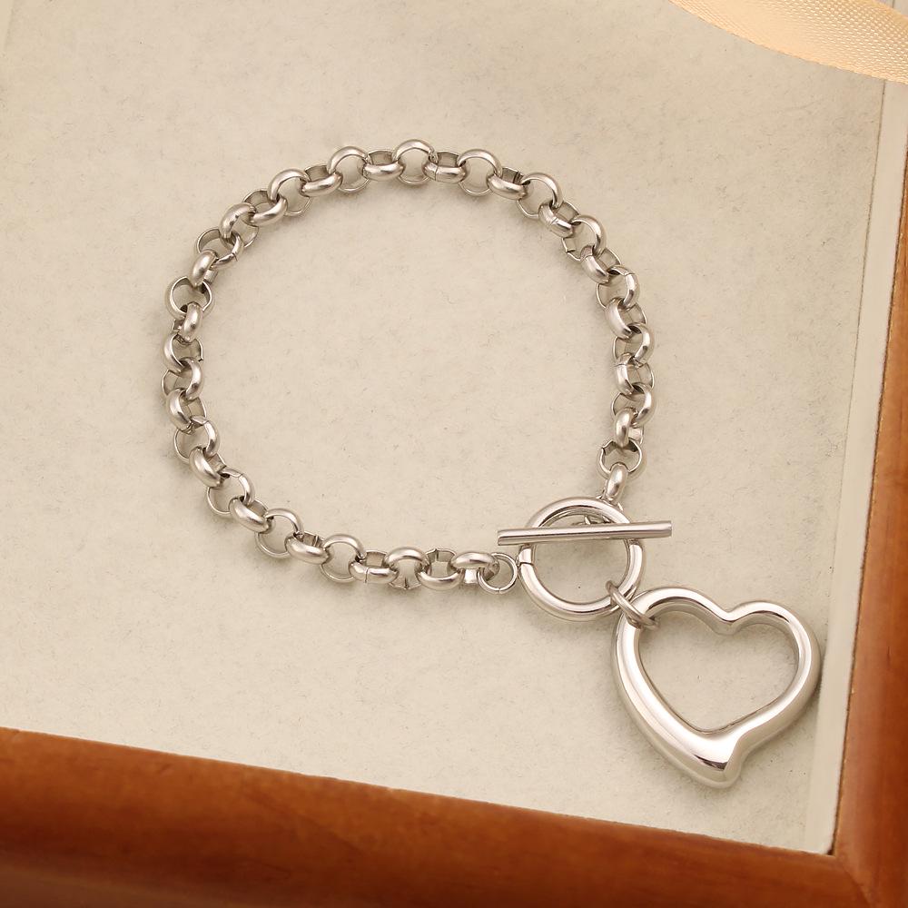 Unisex Stainless Steel Heart Pendant Necklace & Bracelet Set - Minimalist Hip Hop Trend