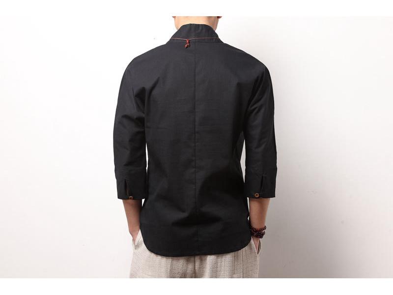 Men's Chinese Cotton-Linen V-Neck Retro Hanfu T-Shirt, Summer Three-Quarter Sleeve, Loose Plus Size