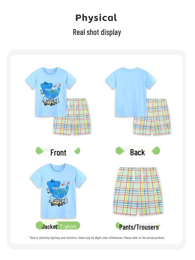 Summer 2026 Boys' Plaid Dinosaur Print Shorts Set - European & American Style Two-Piece