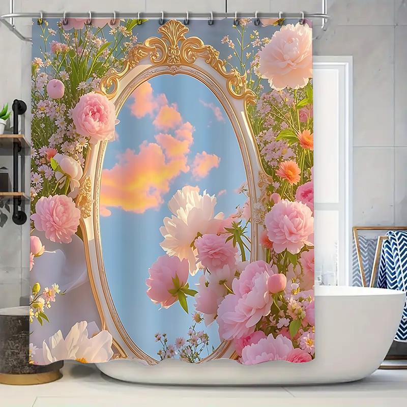 

Elegant Floral Mirror Shower Curtain For Bathroom Decoration - Romantic Pink Flowers And Blue Sky Design Waterproof Durable W60H190(CM)-1 Pcs