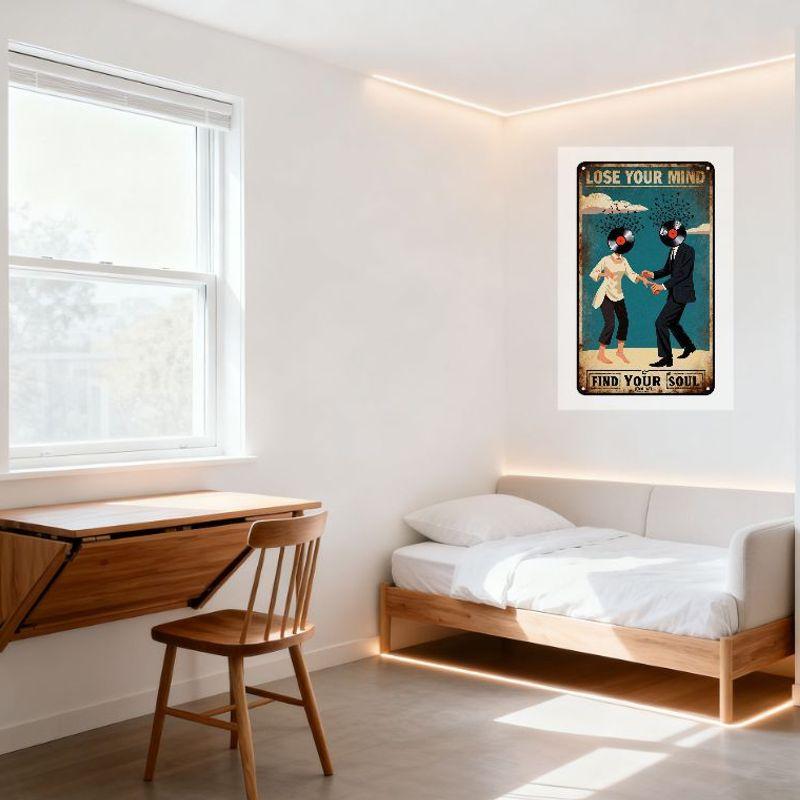 Vintage Teal Beige Border Metal Tin Sign Lose Your Mind Find Your Soul Dancing Figures Vinyl Record Heads Birds Home Wall Decor
