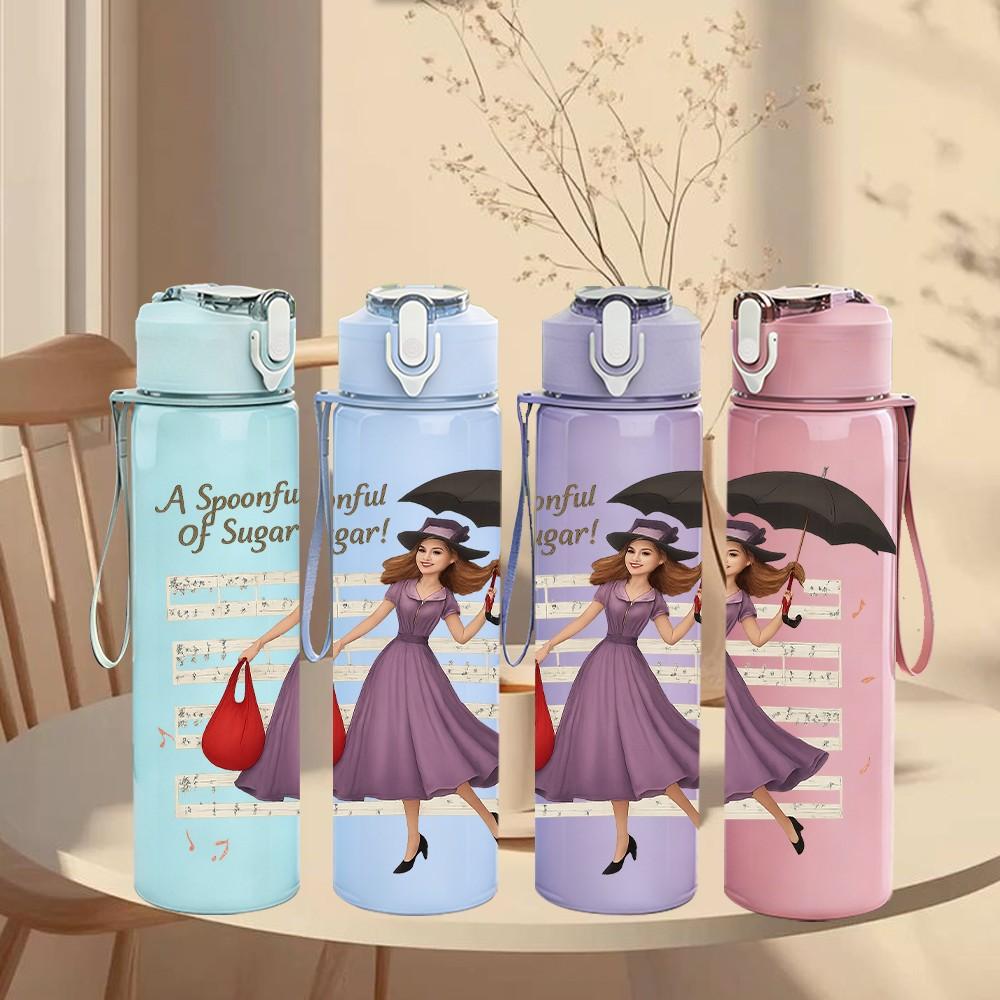 1PC Lady Umbrella Walking Painting 750ml Color Plastic Sports Water Bottle Leakproof Flip Straw Lid For Sports Office Home Use