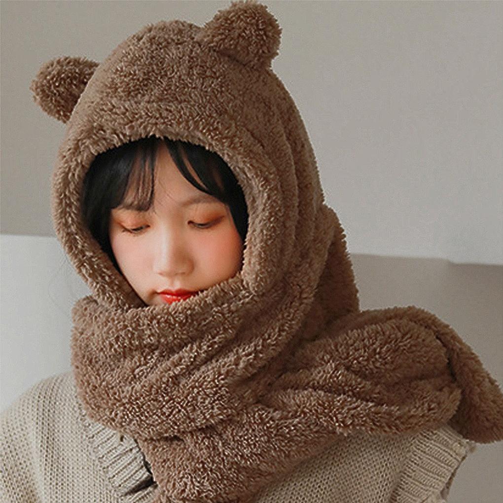 Winter Teddy Bear Hooded Scarf Hooded Muffler Poggle Scarf