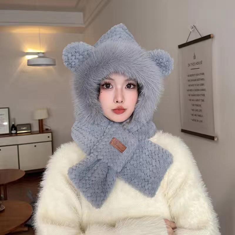 Women's Winter Plush Fox Hat & Scarf Combo - Warm, Trendy, and Versatile Hooded Design