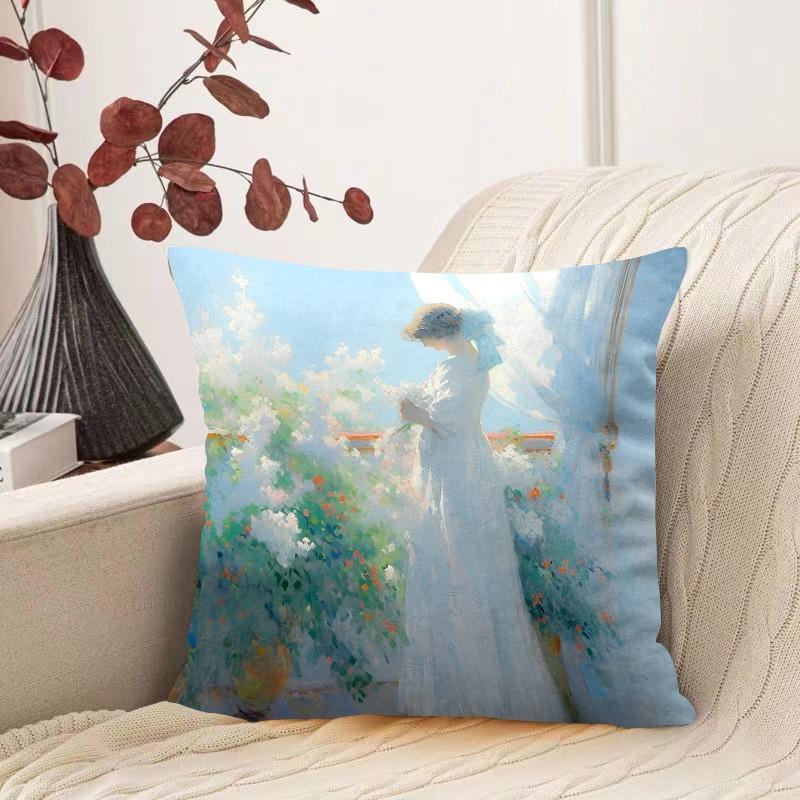 Oil Painting Water Lily Pattern Decorative Pillowcase Living Room Bedroom Square Cushion Pillowcase
