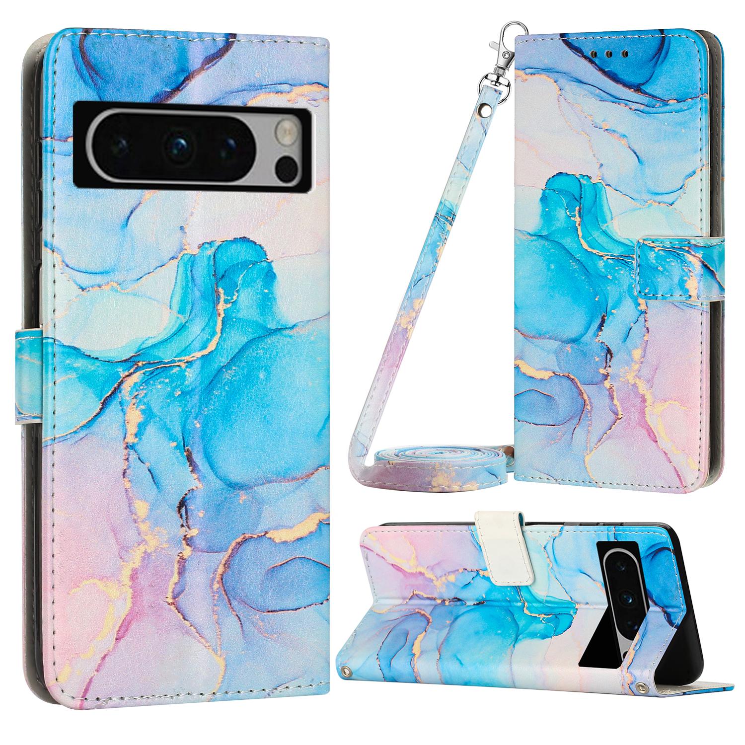 

For Google Pixel 8 Pro PU Leather Marble Pattern Flip Case Wallet Stand Phone Cover with Shoulder Strap C
