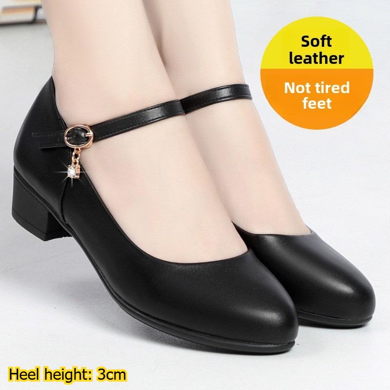 Soft Leather Mid-heel Work Casual Versatile Single Buckle Strap Middle-aged Women's Shoes Soft Sole Spring and Autumn