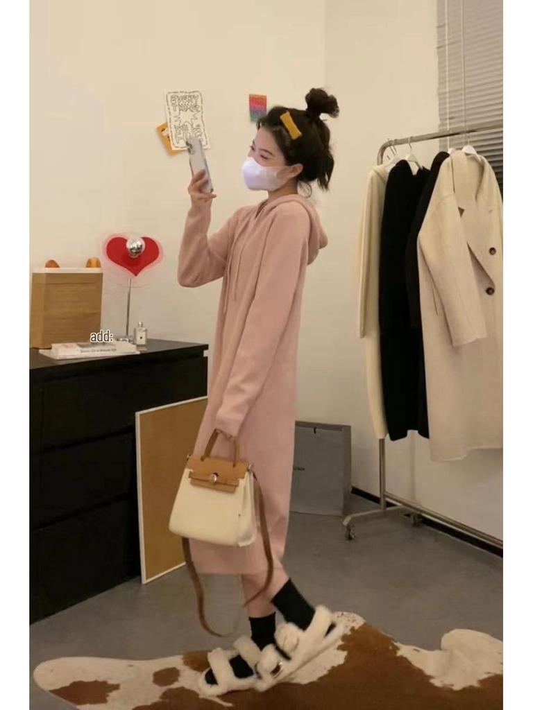 Korean-Style Thick Knit Hooded Sweater Dress for Women - Soft, Loose, Perfect for Autumn and Winter
