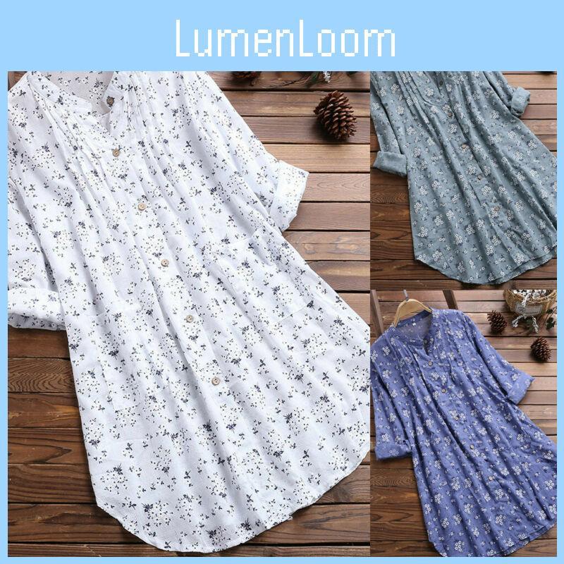 Stylish Women V-neck Long Sleeve Flower Print Linen Shirt Ladies Casual Loose Blouse Top
