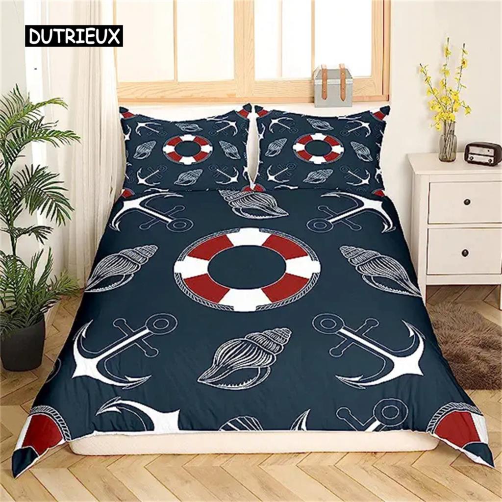 Anchor Duvet Cover Nautical Bedding Set Ship Anchor Chain With Lines Comforter Cover For Children Teen Bedroom Decoration Gifts