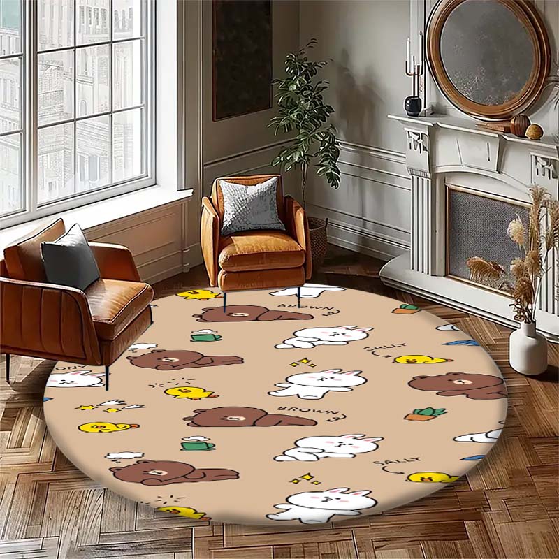 

Popular Line Friends Pattern Circular Rug Kids Bedroom Flannel Carpet Playroom Anti-Skid Floor Mat Decor 80cmx80cm