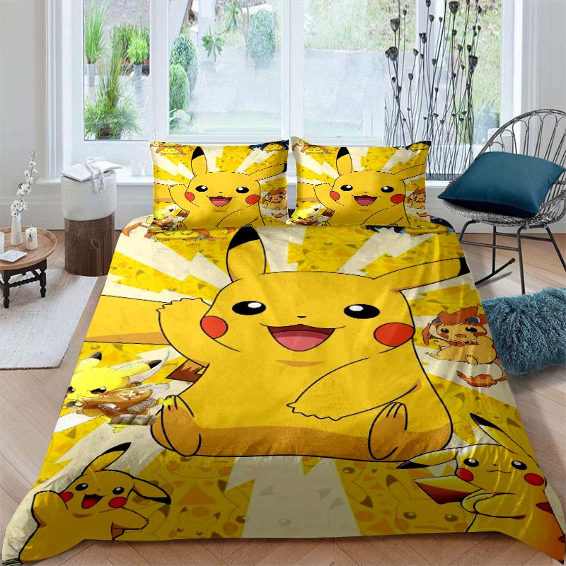 2026New Pikachu Cartoon Three-piece Bedding Set, Suitable for Bedroom Decor, Available in Large and Extra-large Sizes.