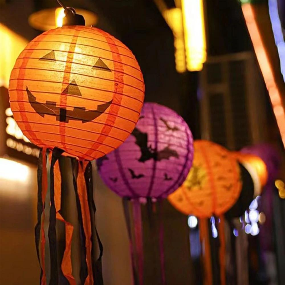 Runtow 5pcs 25cm Halloween Paper Lanterns ,Pumpkin Spider Bat Skeleton Lantern for Halloween Party Decor (Not Include Light)