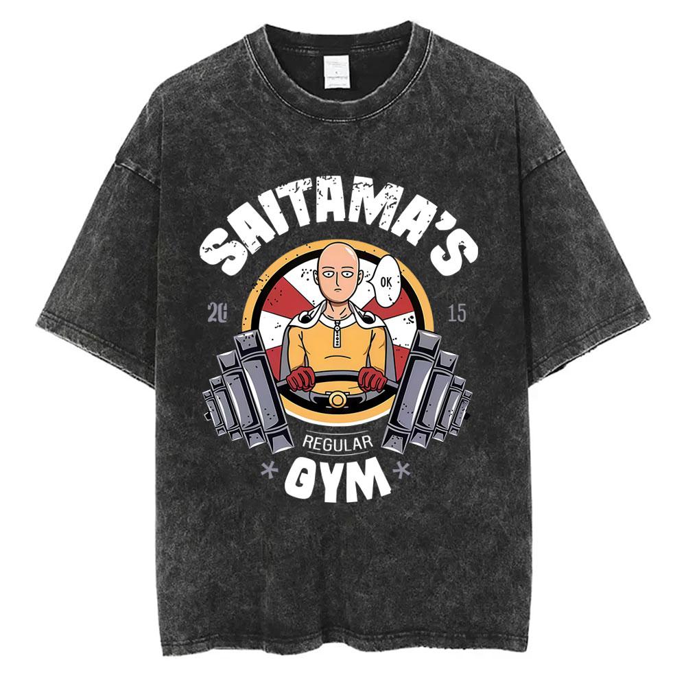 Washed Vintage Anime One Punch Man Saitama Saitama s Gym Funny Meme Graphic T Shirt Men Women Fitness Casual Oversized T-shirts S разноцветный