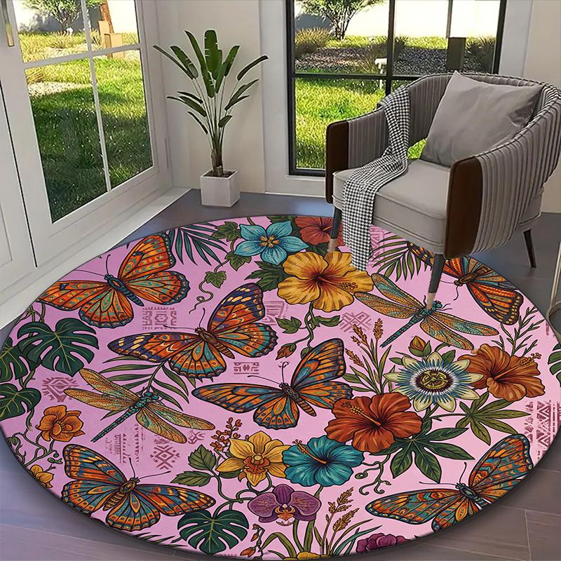 1pc Light Ivory Wildflower Butterfly Meadow Printed Chair Rug for Home Office Use, Living Room Kitchen Game Room Round Carpet