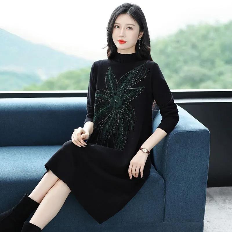 Robes pour Femme Coton Hiver Chaud Col Rond Manches Longues Vintage Décontracté Imprimé Long Tricot Stretch Pull Robes