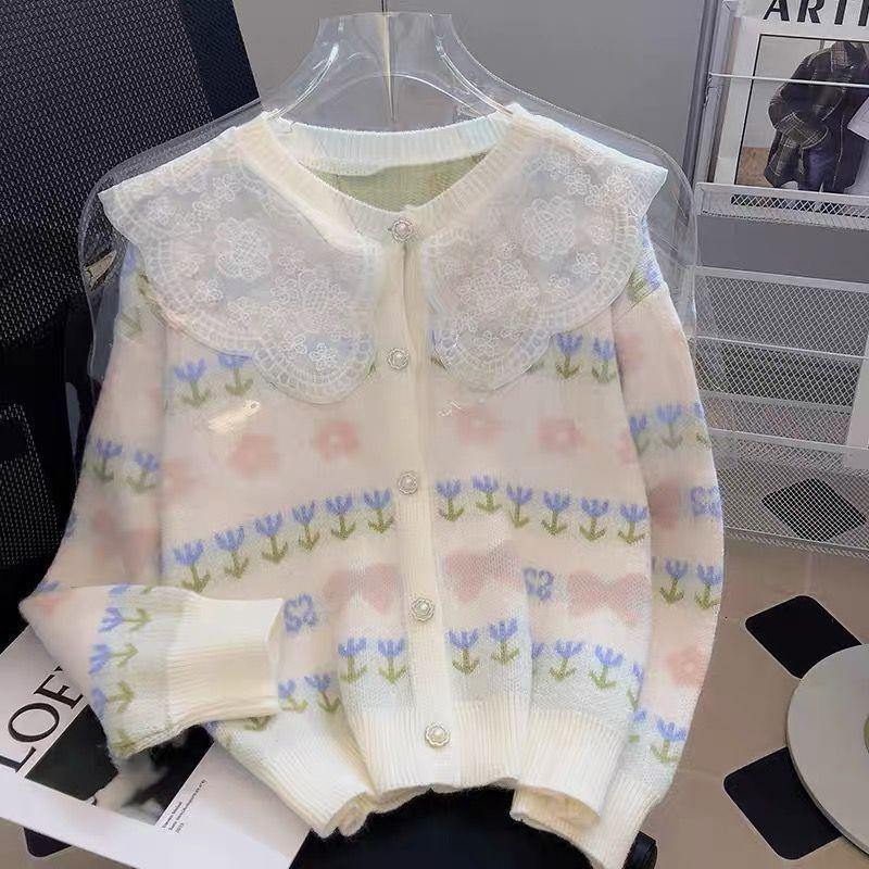 Doll Neck Sweater Coat Knitted Cardigan Women Spring and Autumn 2022 Casual Korean Lace Long Sleeve Cardigan Sweater Female Top